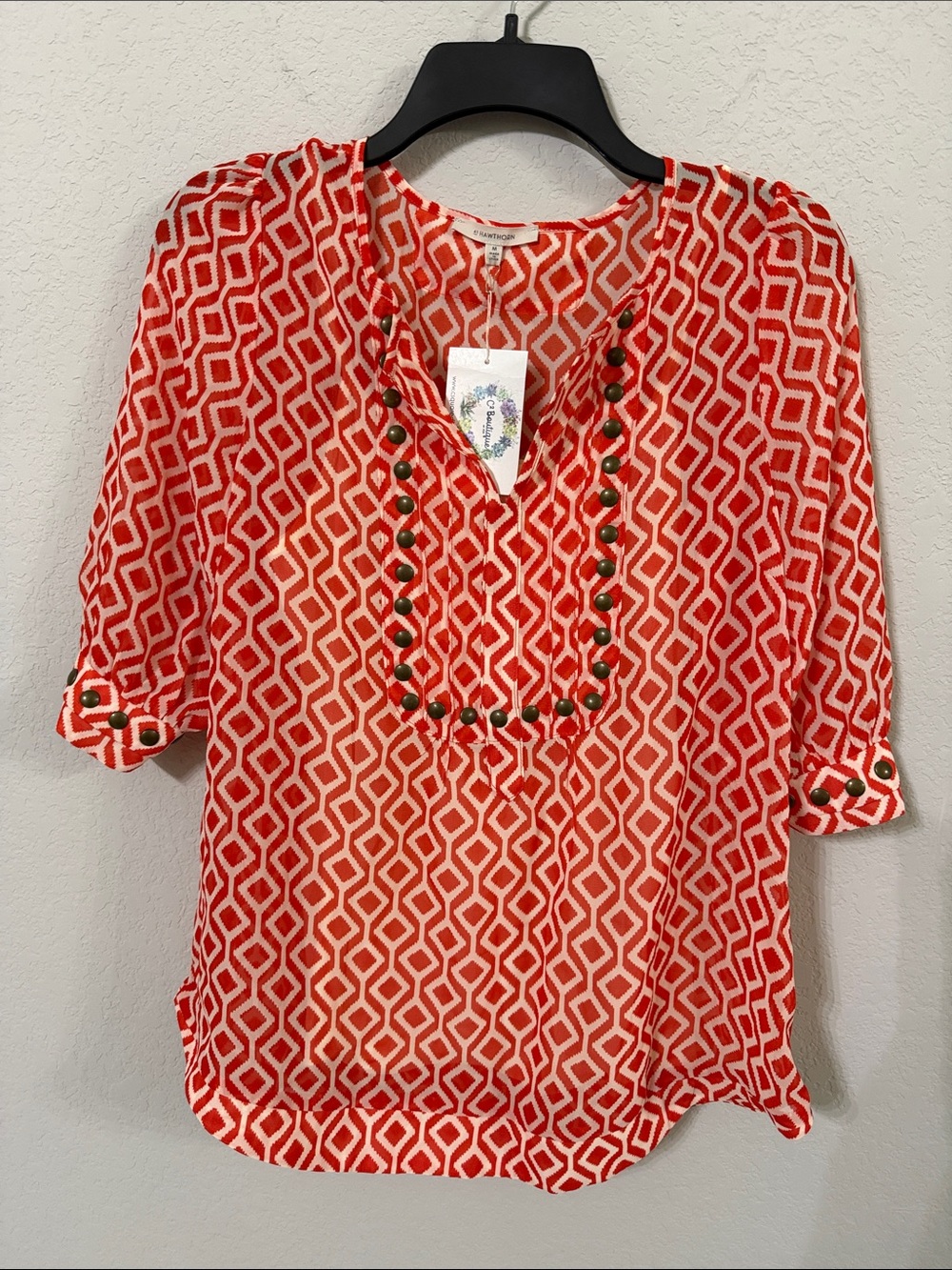41 Hawthorn Red Geometric V-Neck Stud-Trim Tunic